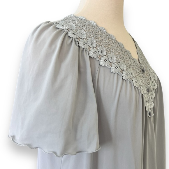 Vintage Made in USA All Nylon Shadowline Long Gray Gown with Flutter Sleeves - Picture 4 of 11